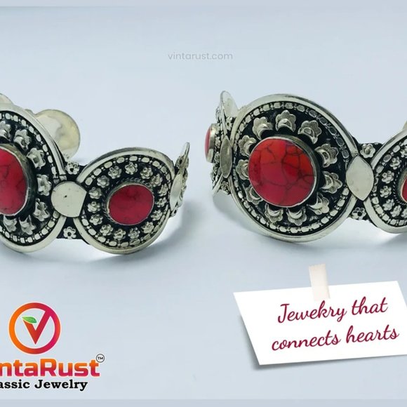 Single Afghan Coral Stone Cuff Bracelet: Antique Kuchi Tribal Jewelry - Picture 4 of 7